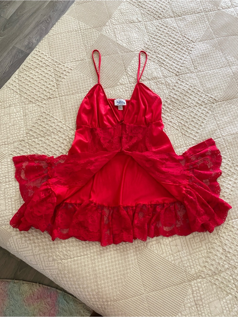 VINTAGE Honey King Red Satin Lace Mesh Boudoir Babydoll Ruffled Hem Lingerie - Picture 6 of 6